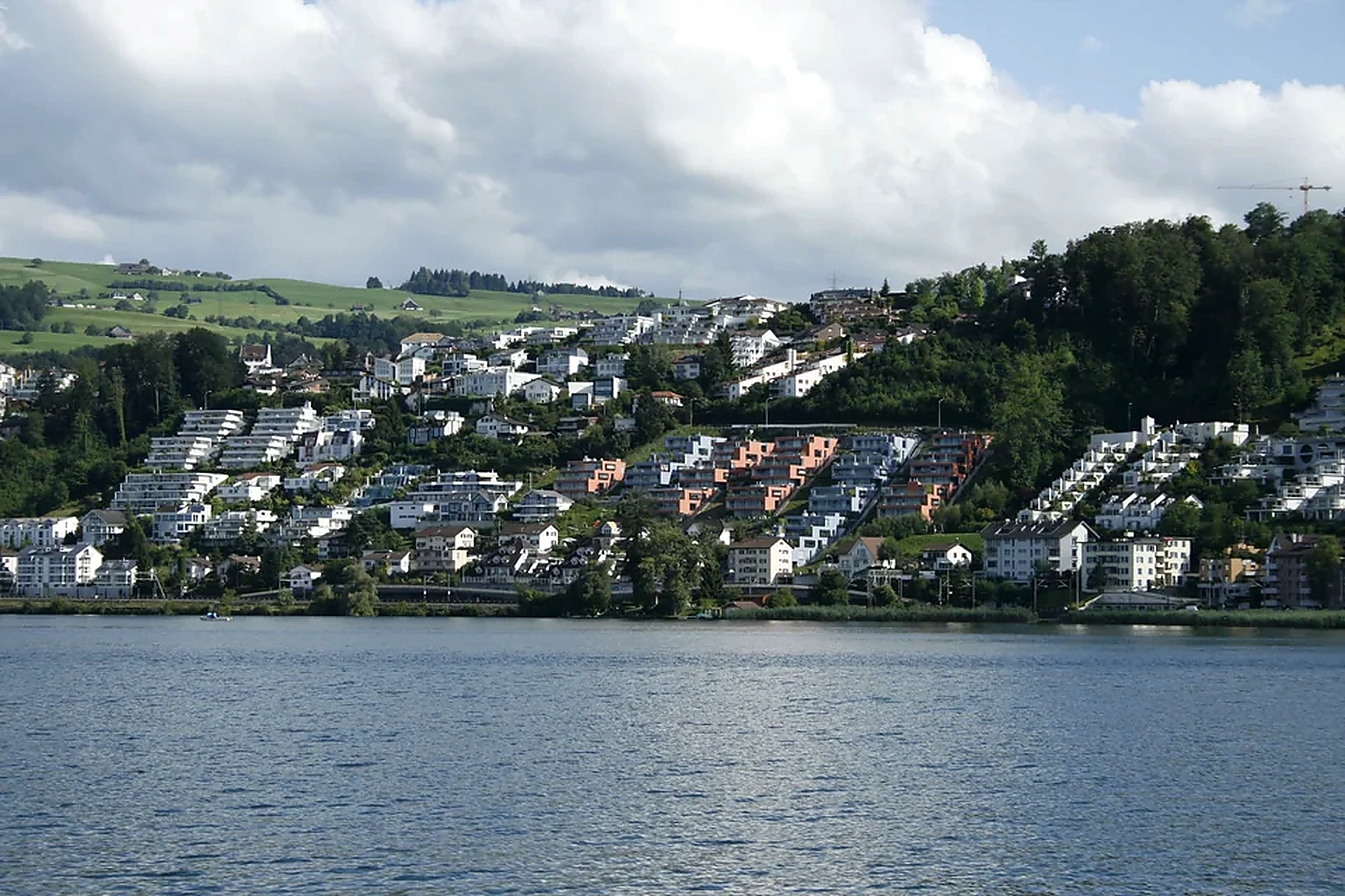 Wollerau mit Zürichsee, grünen Wiesen und Häusern.